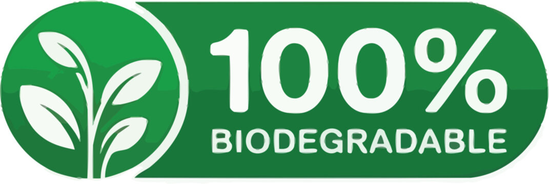 100 Percent Biodegradable Green Rounded Label with Plant, EcoFriendly on White