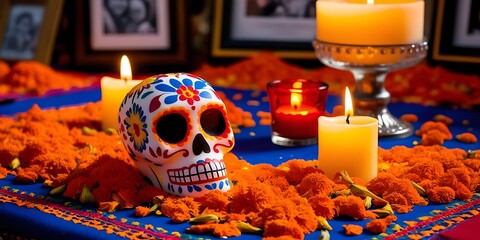 Vibrant altar decorated with marigold petals, lit candles, and a colorful sugar skull mask in a traditional Day of the Dead celebration, honoring departed loved ones with vivid symbols.

