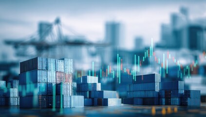 Stacked shipping containers overlaid with a stock market graph, blurred cityscape backdrop suggesting global trade and finance
