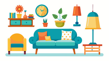 Colorful and Cheerful Living Room Illustration Featuring a Blue Sofa Yellow Armchair Wooden Furniture Lamps Plants and a Clock all Set Against a Clean White