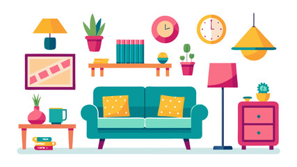 Colorful and Modern Living Room Illustration with Teal Sofa Lamps Clocks Plants and Books Creating a Cozy and Stylish Interior Design Concept on a White