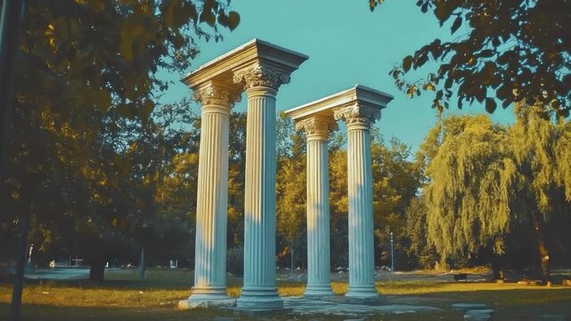Ancient columns in a park bathed in sunlight