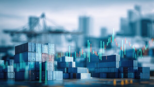 Stacked shipping containers overlaid with a stock market graph, blurred cityscape backdrop suggesting global trade and finance - Powered by Adobe