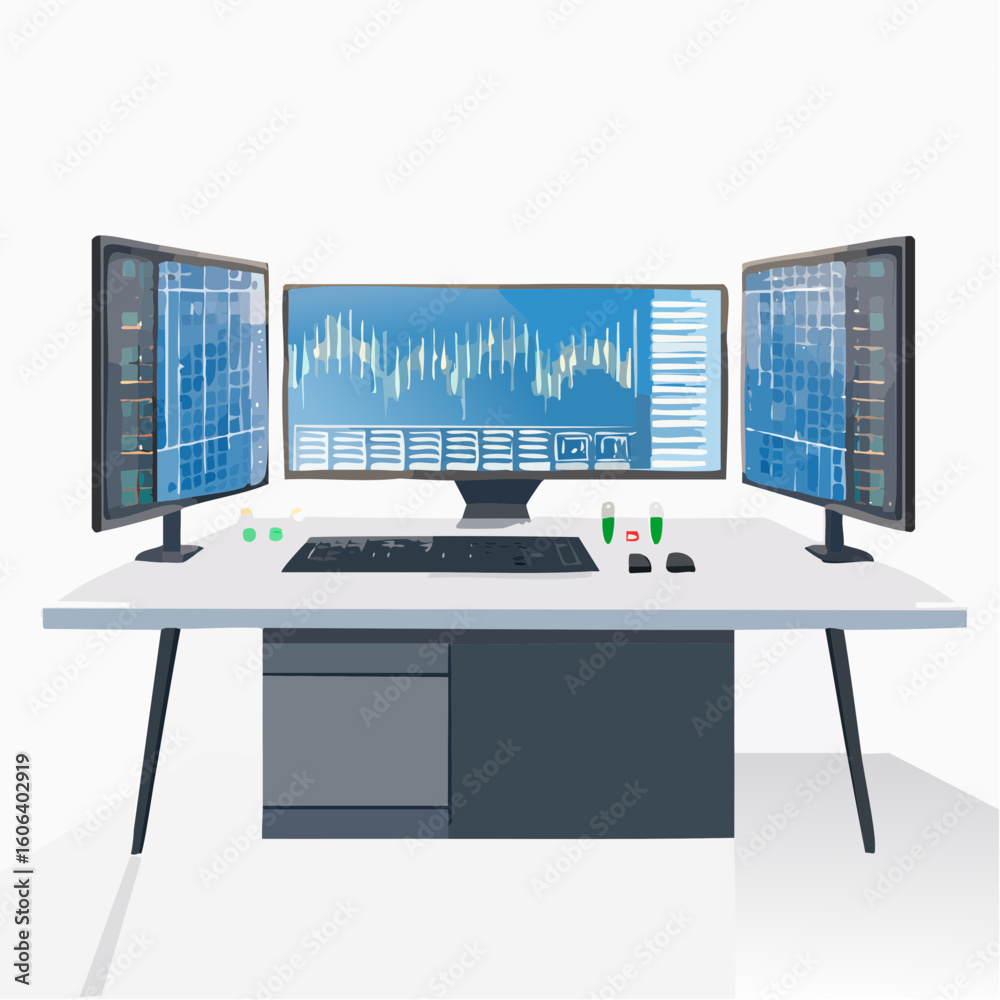 Poster trading desk with multiple monitors displaying financial data