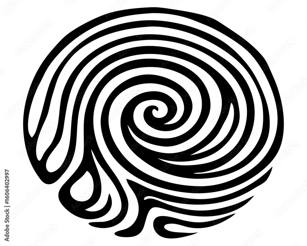 Poster organic abstract fingerprint-like swirls and arcs in a continuous flow, black ink pattern vector can