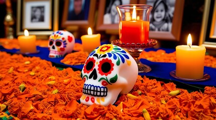Vibrant altar decorated with marigold petals, lit candles, and a colorful sugar skull mask in a traditional Day of the Dead celebration, honoring departed loved ones with vivid symbols.

