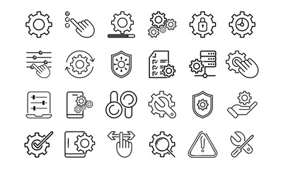 Thin line icons setup and settings. Includes options, configuration, technology, process, maintenance, installation, engineering, process, customization, optimization. Vector illustration