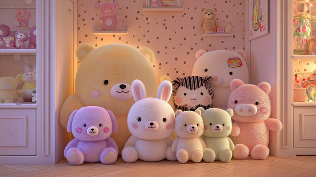 Bright playful kids’ room with oversized stuffed toys and retro polka dot walls, pastel colors and soft lighting for sweet nostalgic vibes