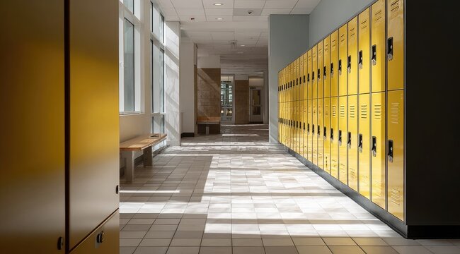 Sunlit hallway with yellow lockers and tiled floor, showing a perspective of depth and light
