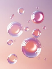 Abstract 3D illustration of glossy pastel bubbles floating in soft gradient tones of pink and purple, ideal for modern design, beauty concept, or minimal dreamy background

