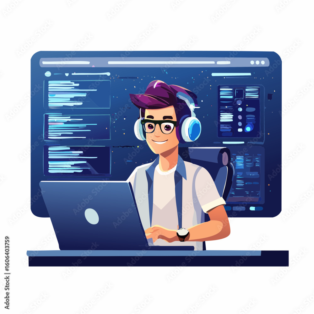 Poster young programmer working on code with headphones and multiple screens
