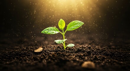 New Life Sprouting Young Plant Growth in Rich Soil with Water Droplets and Sunlight