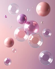 Abstract 3D illustration of glossy pastel bubbles floating in soft gradient tones of pink and purple, ideal for modern design, beauty concept, or minimal dreamy background

