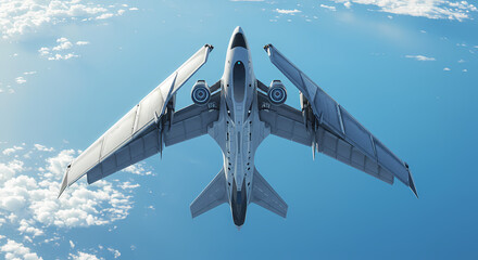 Sleek Futuristic Jet Aircraft with Advanced Variable Wings Soaring High Above Clouds in Bright Blue Sky