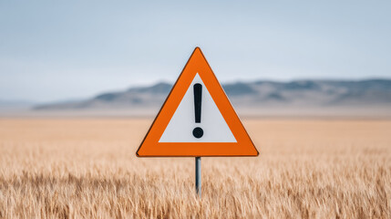 Warning sign with exclamation mark dry field with mountain