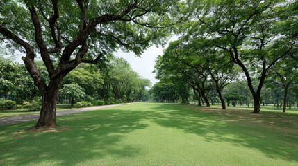 Green park with large trees and peaceful natural scenery