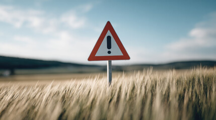 Warning sign with exclamation mark in field under blue sky