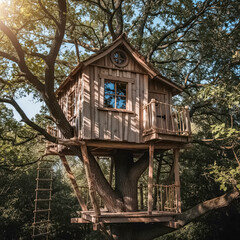 Charming Wooden Treehouse in a Lush Forest