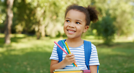 Happy Schoolgirl Holding Books and Pencils Outdoors