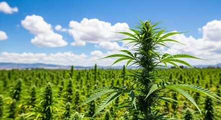 Obraz premium Lush Green Cannabis Plants Growing in a Sunny Agricultural Field under a Blue Sky