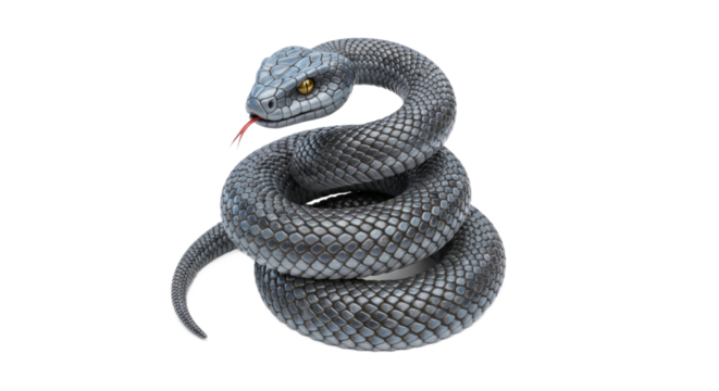 A coiled grey snake with yellow eyes and a red tongue, isolated on white background.