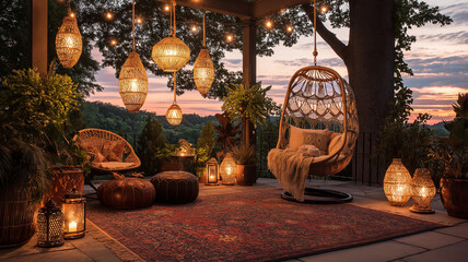 Obraz premium Chill boho terrace with macrame hammock swing, glowing lanterns and soft rug layers, magical twilight sky backdrop, cozy garden hangout vibes