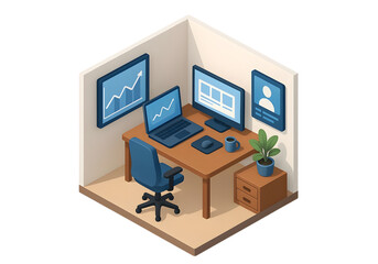 Isometric office interior with remote working setup and digital screens