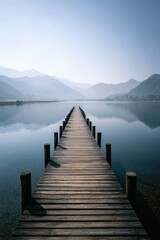 Fototapeta premium Calm wooden pier extends into a still lake, reflecting hazy mountains