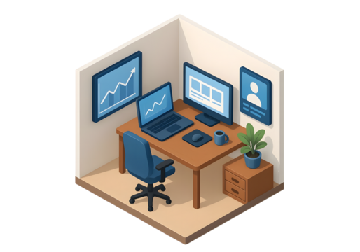 Isometric office interior with remote working setup and digital screens