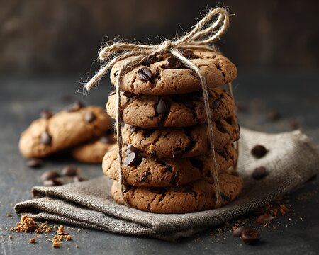 Stack of chocolate chip cookies tied with twine on a napkin with scattered chocolate chips around