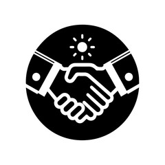 Handshake icon with red and yellow suits in black circle, business partnership symbol, agreement and teamwork concept vector illustration.