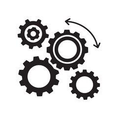 : A minimalist icon design featuring three interlocking gear wheels against a pure white background. 
