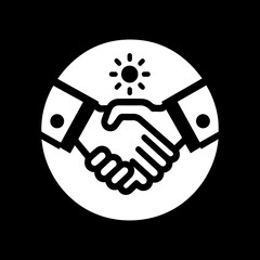 Handshake icon with red and yellow suits in black circle, business partnership symbol, agreement and teamwork concept vector illustration.