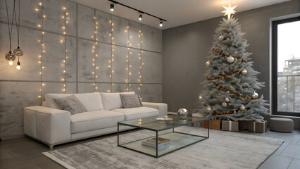 Modern Gray Living Room with Silver Christmas Tree and Minimalist DecorModern Gray Living Room with Silver Christmas Tree and Minimalist Decor