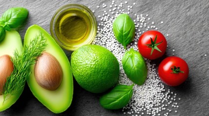 Fresh healthy vegetables avocado tomatoes basil olive oil ingredients