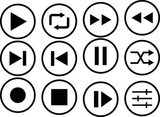 Kontrol pemutar audio penting termasuk ikon putar, jeda, lewati, putar ulang, acak, dan pengaturan