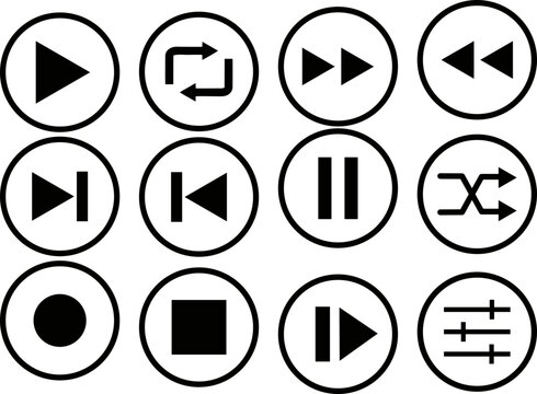 Kontrol pemutar audio penting termasuk ikon putar, jeda, lewati, putar ulang, acak, dan pengaturan