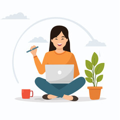 Happy Woman Working on Laptop