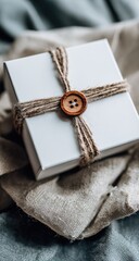 Simple white gift box tied with natural twine and a wooden button