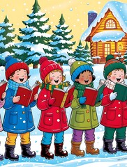 Festive winter scene with joyful children singing Christmas carols outdoors in colorful clothes, standing in snow near a cozy log cabin, surrounded by decorated pine trees

