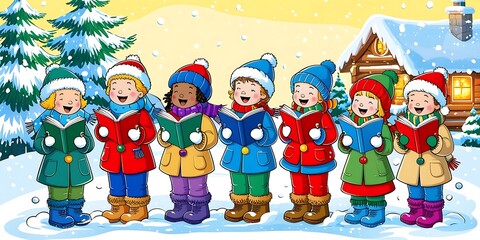 Festive winter scene with joyful children singing Christmas carols outdoors in colorful clothes, standing in snow near a cozy log cabin, surrounded by decorated pine trees


