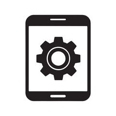 A minimalist line art icon of a smartphone with a settings gear symbol. 