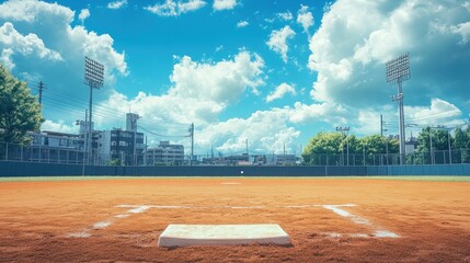 A sunny day at an outdoor baseball field, viewed from home plate, showing the pitcher's mound, infield, outfield fence, and a cityscape in the background under a bright, partly cloudy sky