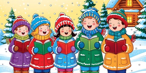 Festive winter scene with joyful children singing Christmas carols outdoors in colorful clothes, standing in snow near a cozy log cabin, surrounded by decorated pine trees

