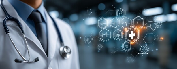 Close-Up of Doctor with Stethoscope and Futuristic Medical Technology Interface – Digital Health Innovations, Smart Diagnostics, and Advanced Healthcare Solutions