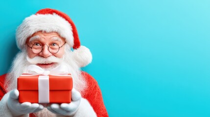 Santa Claus Holding Red Gift Box on Blue Background