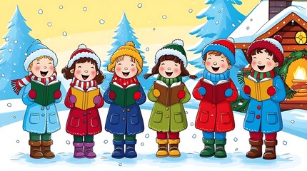 Festive winter scene with joyful children singing Christmas carols outdoors in colorful clothes, standing in snow near a cozy log cabin, surrounded by decorated pine trees

