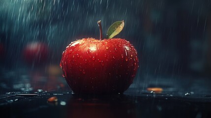 A vibrant red apple, glistening with raindrops, sits on a dark, wet surface.  A blurred background suggests heavy rainfall and possibly other apples. The image has a moody, dramatic lighting