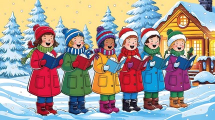 Festive winter scene with joyful children singing Christmas carols outdoors in colorful clothes, standing in snow near a cozy log cabin, surrounded by decorated pine trees

