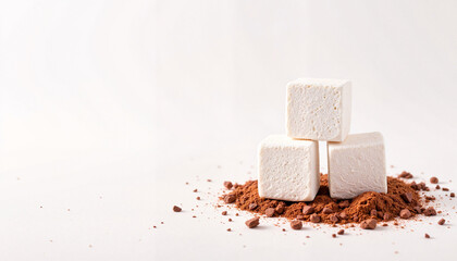 Fluffy marshmallows stacked on cocoa powder on a white background with copy space